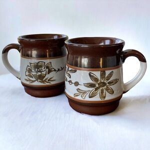 Vintage Floral Coffee Mugs Brown & Tan Cups Made in Japan Flowers